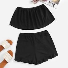 Romwe Ribbed Bandeau Top With Ruffle Hem Shorts