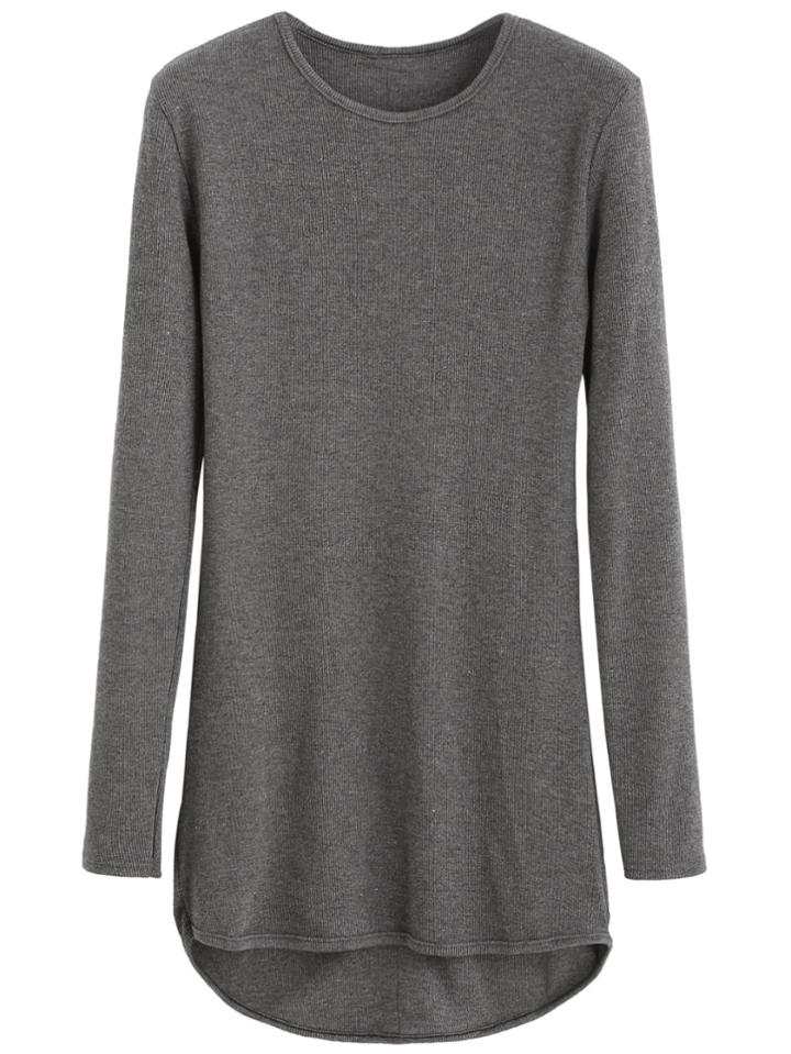 Romwe Grey Dip Hem Long Sleeve Sweater