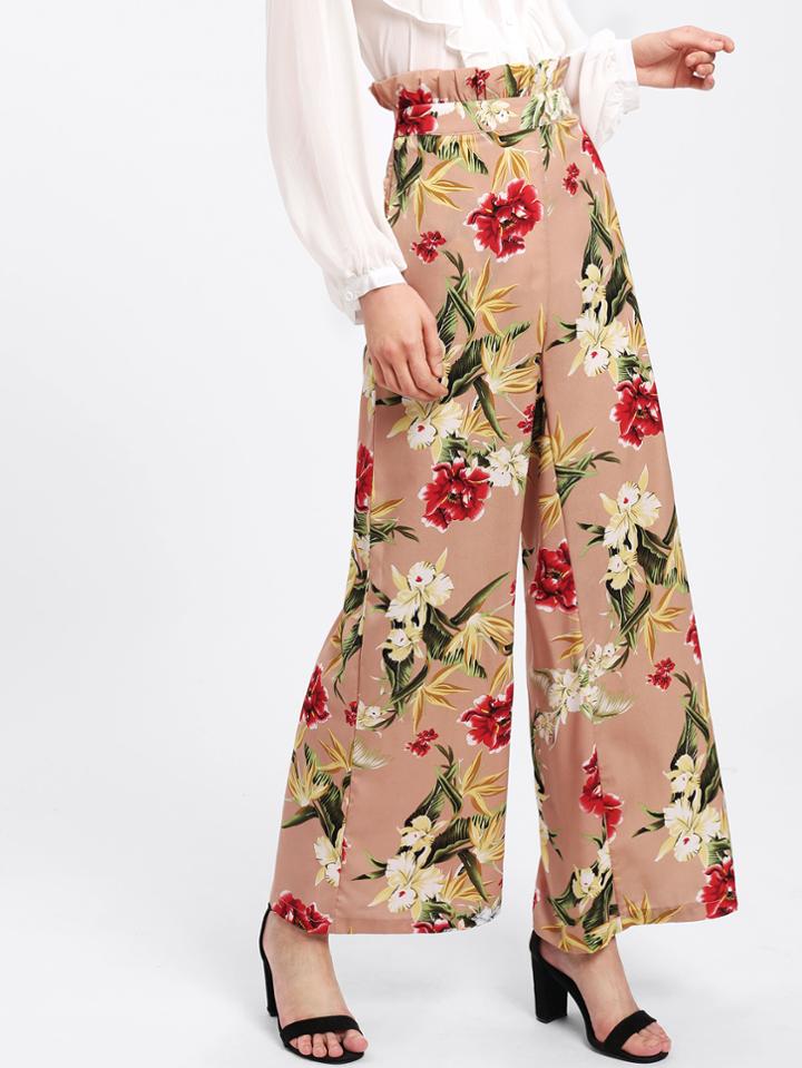 Romwe Frilled Waist Floral Palazzo Pants