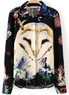 Romwe Floral Owl Print Black Blouse