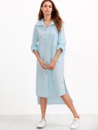 Romwe Blue Roll Sleeve Side Slit High Low Shirt Dress