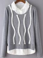 Romwe Lapel Embroidered Contrast Trims Grey Sweater With Beaded