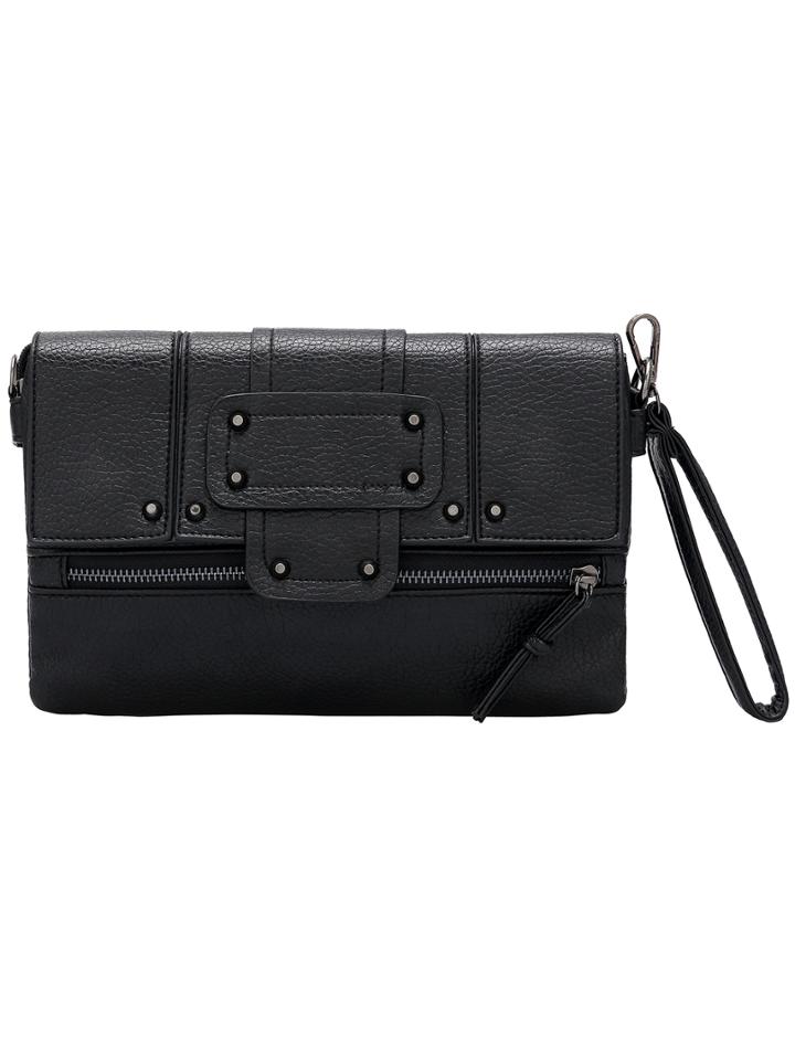 Romwe Black Studded Zipper Pu Clutch Bag