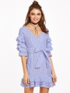 Romwe Blue And White Striped Surplice Front Belted Ruffle Dress