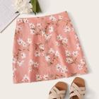Romwe Button Fly Floral Print Skirt