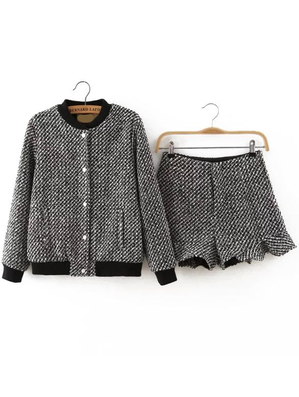 Romwe Checkered Buttons Top With Ruffle Grey Shorts