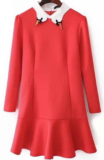 Romwe Swan Embroidered Collar Ruffle Red Dress
