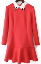 Romwe Swan Embroidered Collar Ruffle Red Dress