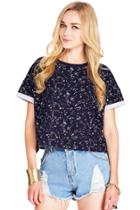 Romwe Romwe Floral Print Rolled Cuffs Blue T-shirt