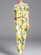Romwe Yellow Off The Shoulder Lemons Top With Pants