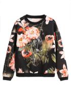 Romwe Black Flower Print Drop Shoulder Sweatshirt