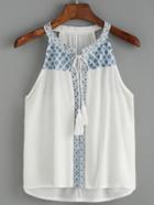 Romwe Halter Embroidered White Tank Top