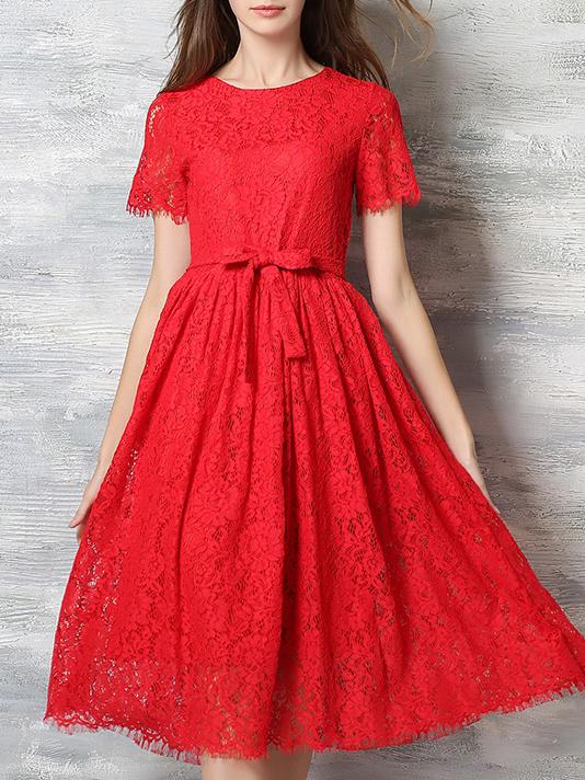 Romwe Red Round Neck Short Sleeve Tie-waist Lace Dress