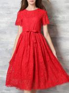 Romwe Red Round Neck Short Sleeve Tie-waist Lace Dress