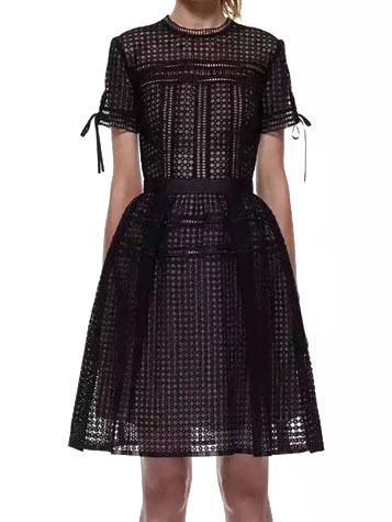 Romwe Short Sleeve Back Zipper Hollow Black Dress