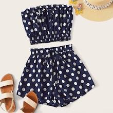 Romwe Drawstring Shirred Hem Polka Dot Bandeau Top & Shorts Set