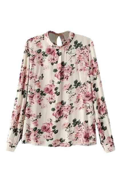 Romwe Floral Print Band Collar Shirt