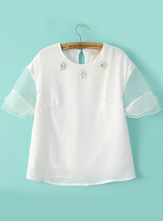 Romwe Contrast Mesh Bead White Top