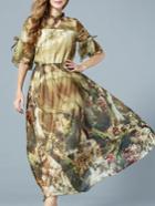 Romwe Khaki Ruffle Sleeve Vintage Print Dress