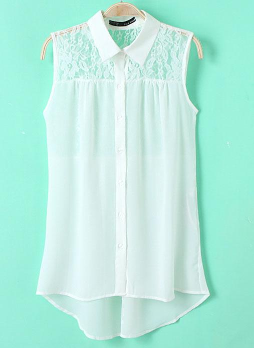 Romwe Lapel Sleeveless Lace Chiffon White Blouse