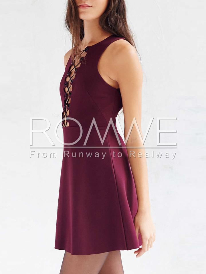 Romwe Burgundy Sleeveless Lace Up Dress