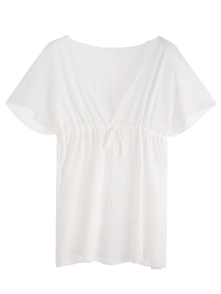 Romwe White Deep V Neck Drawstring Top