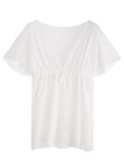 Romwe White Deep V Neck Drawstring Top