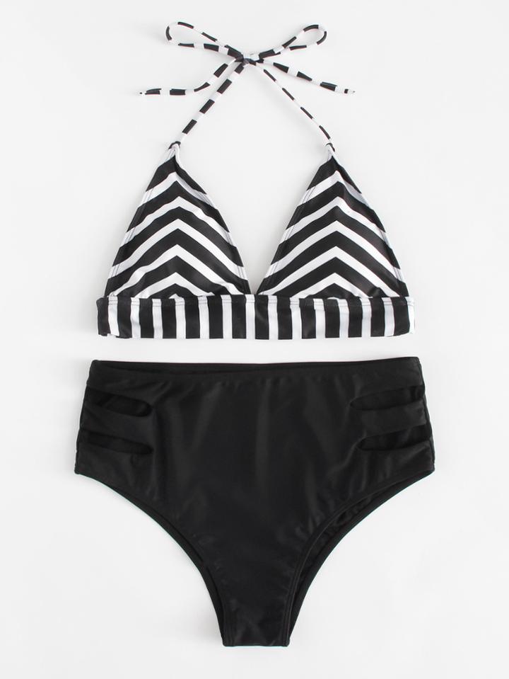 Romwe Cut Out Chevron Bikini Set