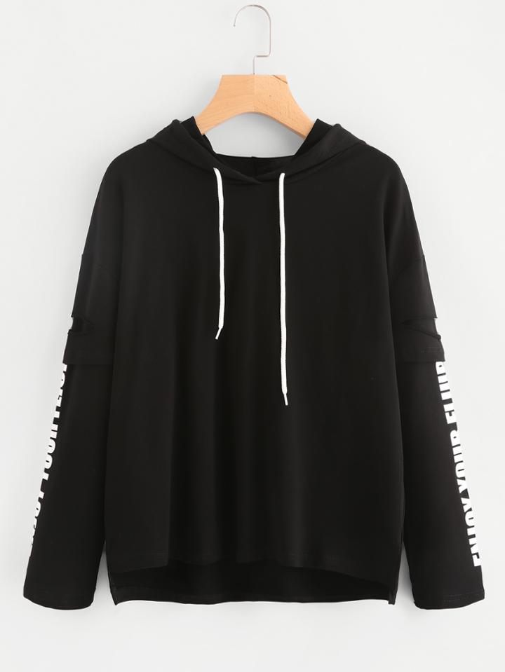 Romwe Letter Print Drawstring Hoodie
