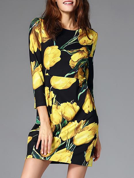 Romwe Black Crew Neck Flowers Print Sheath Dress