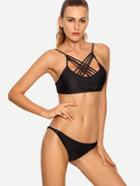 Romwe Lattice Neck Bikini Set - Black