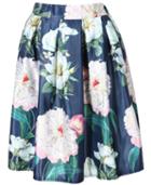 Romwe Floral Pleated Midi Navy Skirt