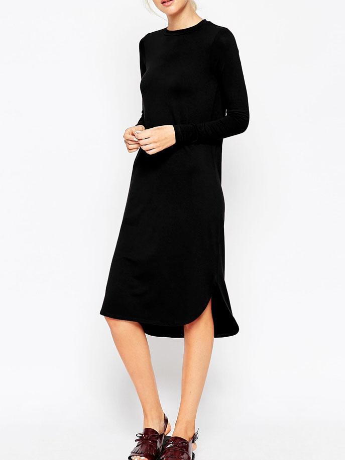Romwe Long Sleeve Slit Loose Black Dress