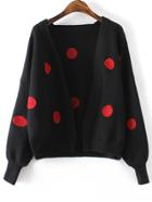 Romwe Black Polka Dot Lantern Sleeve Open Front Sweater Coat