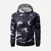 Romwe Men Pleated Sleeve Camo Hooded Sweatshirt