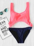 Romwe Two Tone Ring Detail Cutout Swimsuit