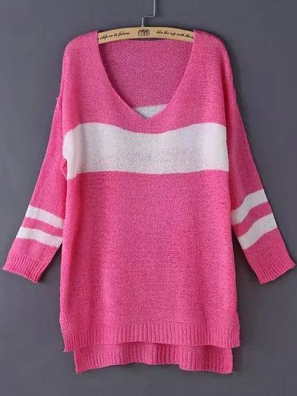 Romwe V Neck Dip Hem Striped Rose Red Sweater