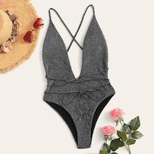 Romwe Criss Cross Backless Glitter One Piece Swimsuit