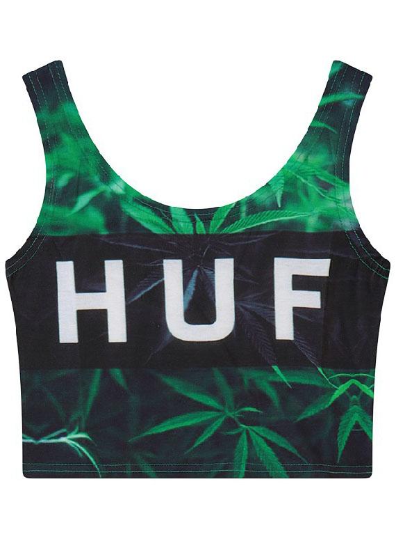 Romwe Green Leaves Huf Print Crop Tank Top