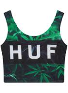 Romwe Green Leaves Huf Print Crop Tank Top