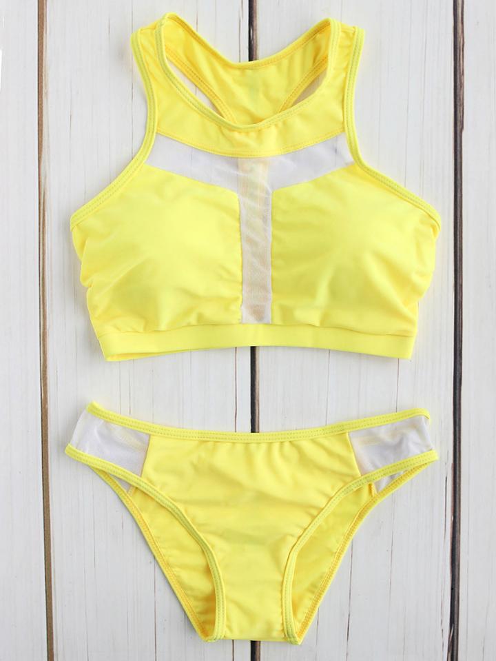 Romwe Mesh Detail Racer Back Tankini Set