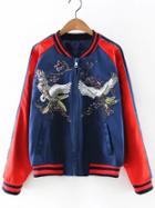 Romwe Red Pockets Zipper Front Embroidery Jacket
