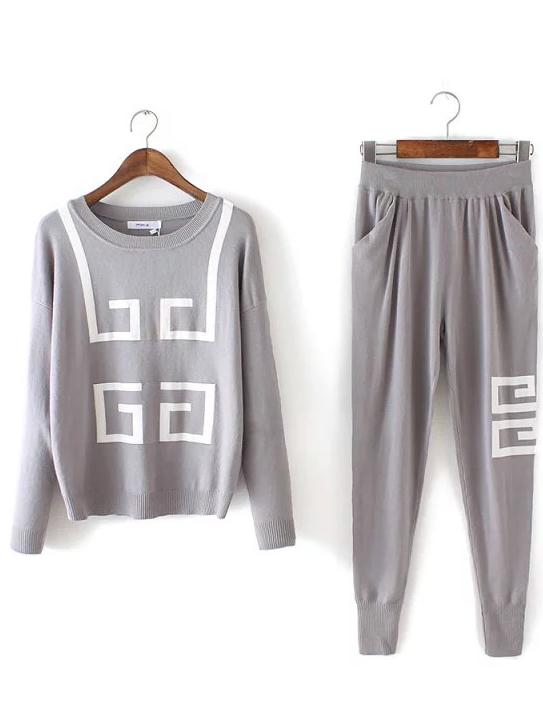 Romwe Geometric Print Top With Elastic Waist Grey Pant