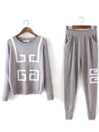 Romwe Geometric Print Top With Elastic Waist Grey Pant
