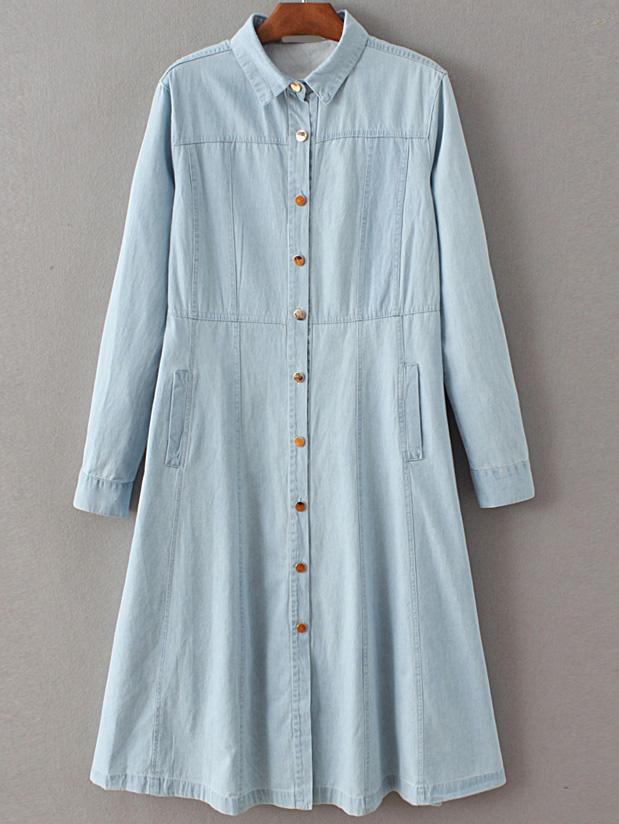 Romwe Blue Embroidery Back Single Breasted Denim Dress