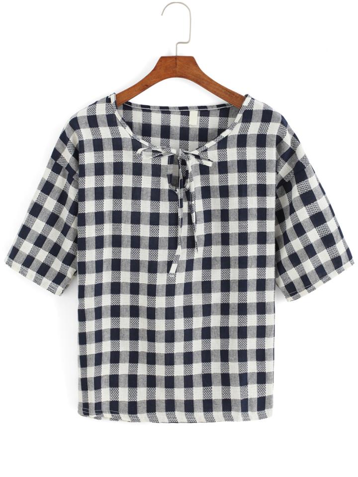 Romwe Short Sleeve Plaid Top