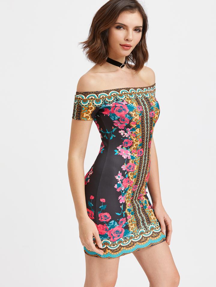 Romwe Floral Print Off The Shoulder Bodycon Dress