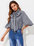 Romwe Exaggerated Lantern Sleeve Tied Neck Striped Blouse