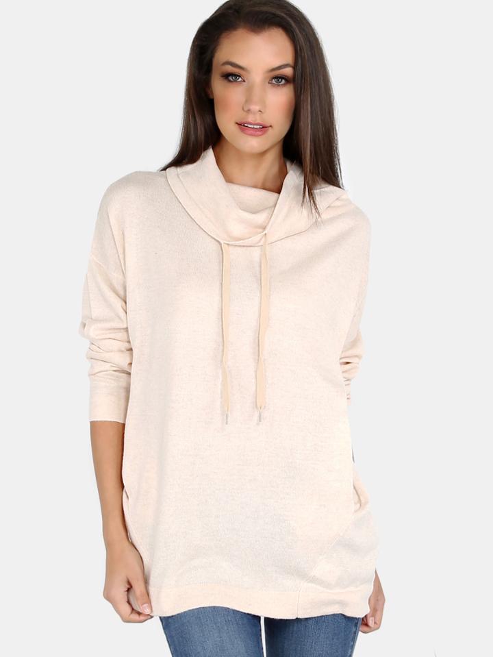 Romwe Fold Over Mock Neck Knit Sweater Cream