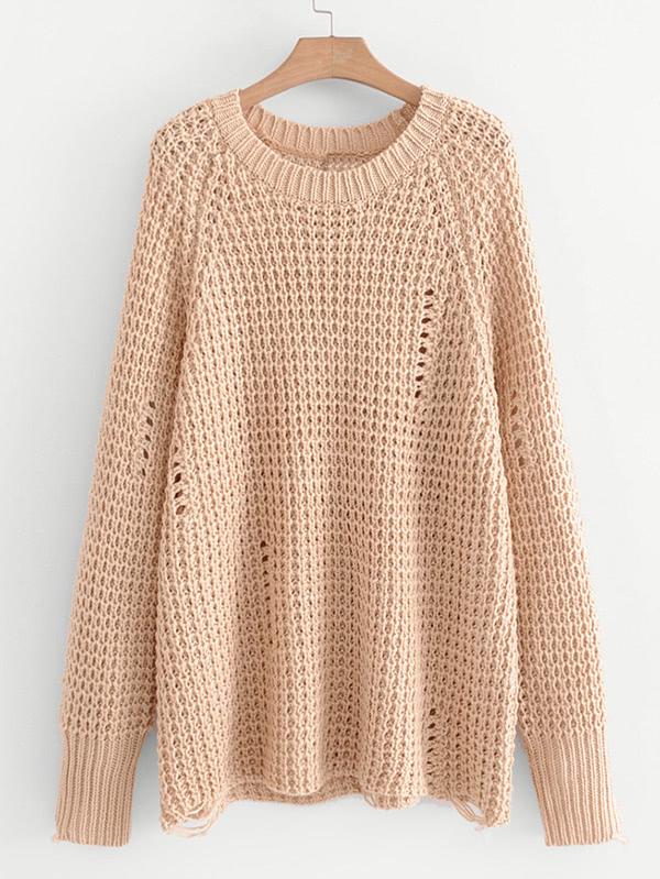Romwe Ripped Detail Raglan Sleeve Pointelle Sweater